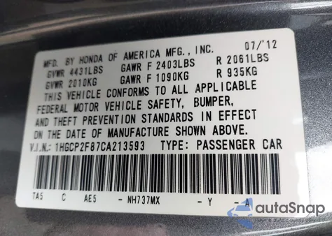 2012 Honda Accord 2.4 Ex-L z USA, uszkodzony, nr VIN 1HGCP2F87CA213593